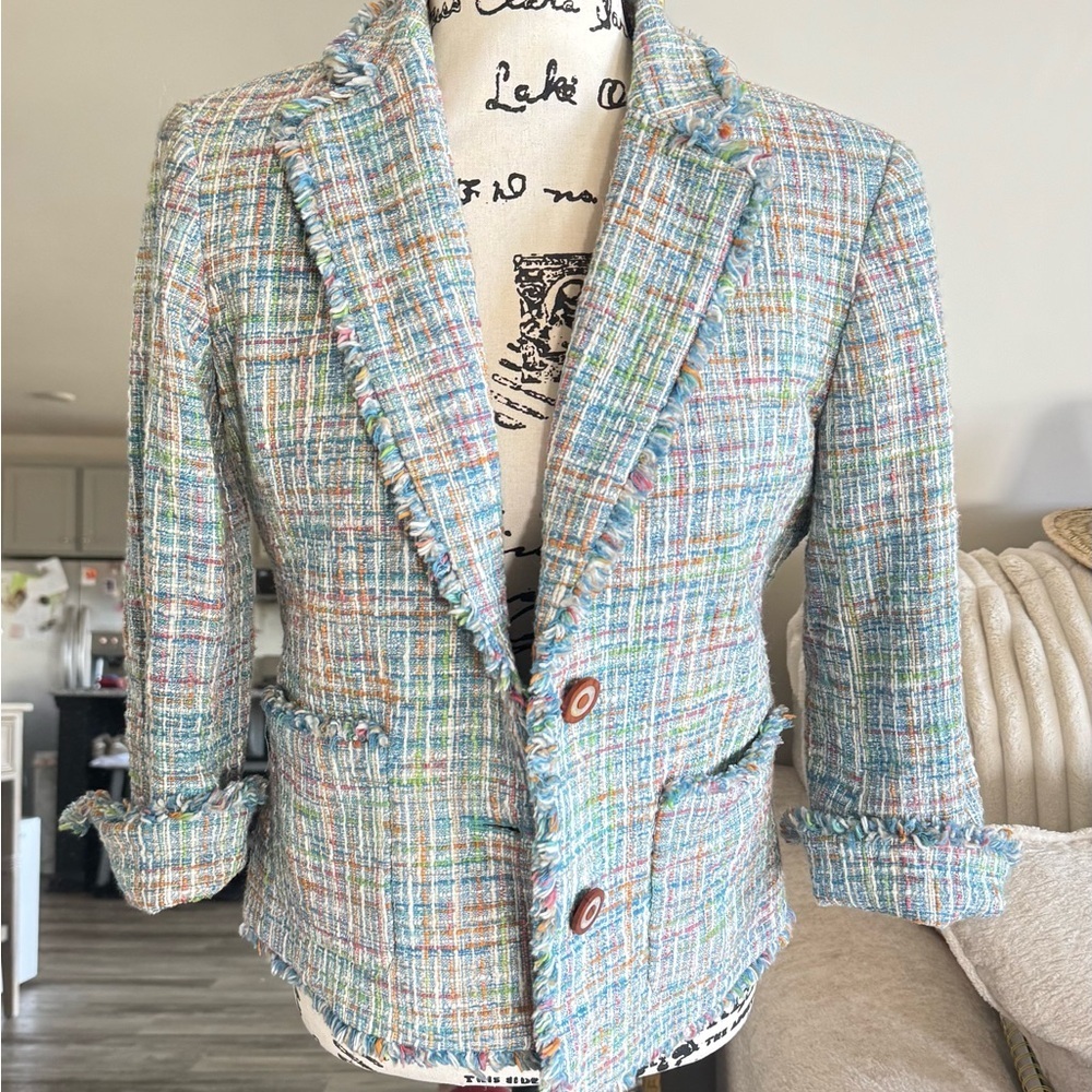 Jones New York Multicolor Tweed Blazer with Fringe Trim